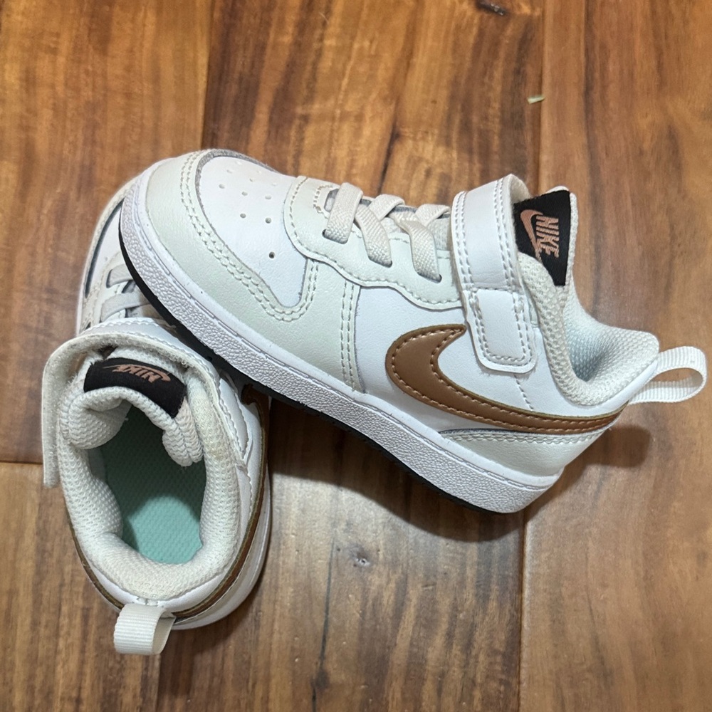Nike Kids White Sneakers with Brown Swoosh